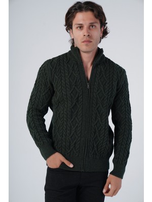 Trist Star Erkek Haki Arka Fitilli Dik Yaka Fermuarlı Triko Yün Hırka TRIST-5299