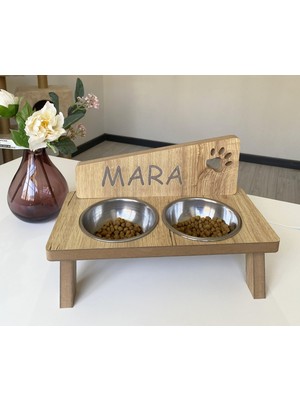 Nursoft Ahşap Kedi Mama Kabı Standı Özel Isim Baskılı Kedi Köpek Su Kabı NR-0093