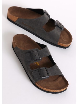 Tonny Black Unisex Füme Rahat Kalıp Poli Taban Çift Tokalı Nubuk Terlik