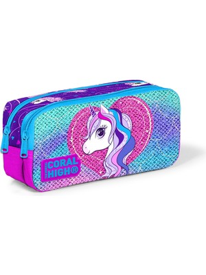Coral High Kids Mor Pembe Unicorn Desenli Simli Iki Bölmeli Kalem Çantası