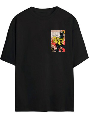 The Wert Ateş Metni Çizgi Roman Baskılı Siyah Oversize Tshirt