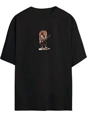 The Wert Kahverengi Saçlı Adam Baskılı Siyah Oversize Tshirt
