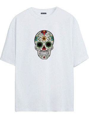 The Wert Çiçekli Kafatası Baskılı Beyaz Oversize Tshirt