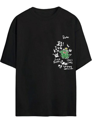 The Wert Kral Kurbağa Baskılı Siyah Oversize Tshirt