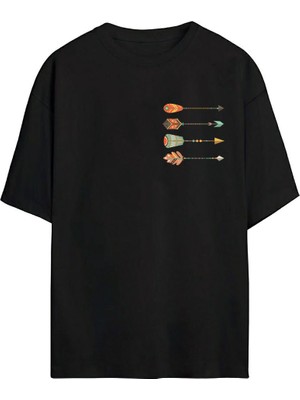 The Wert Dört Renkli Oklar Baskılı Siyah Oversize Tshirt