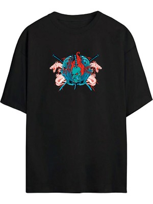 The Wert Ejderha ve Canavar Baskılı Siyah Oversize Tshirt