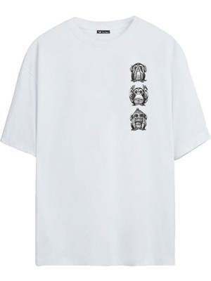 The Wert Üç Bilge Maymun Baskılı Beyaz Oversize Tshirt