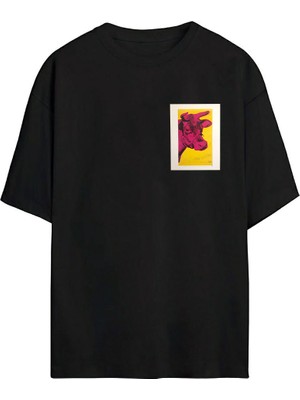 The Wert Pembe Inek Baskılı Siyah Oversize Tshirt