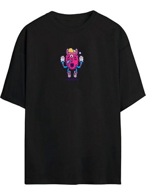 The Wert Tüylü Canavar Mor Baskılı Siyah Oversize Tshirt