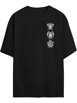 The Wert Üç Bilge Maymun Baskılı Siyah Oversize Tshirt