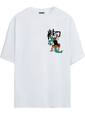 The Wert Timsah Grafiti Baskılı Beyaz Oversize Tshirt