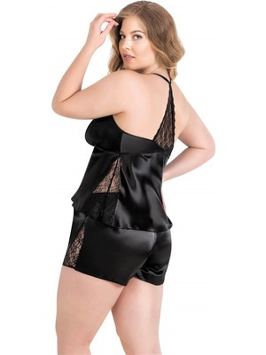 Primoda Aria's Closet Büyük Beden Siyah Saten Babydoll Şort Takımı