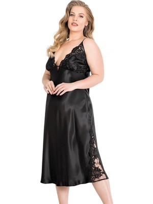Ahu Aria's Closet Büyük Beden Siyah Uzun Ikili Saten Sabahlık Gecelik Takımı