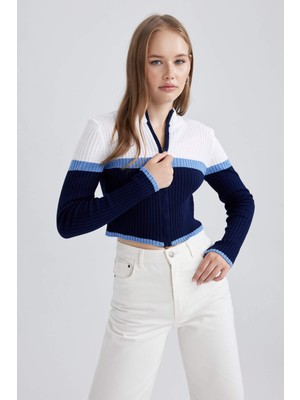 DeFacto Regular Fit Yarım Balıkçı Yaka Triko Hırka A3646AXNS Lacivert-NV42 Çizgili Akrilik Uzun Kol