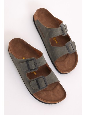 Tonny Black Unisex Haki Rahat Kalıp Poli Taban Çift Tokalı Nubuk Terlik