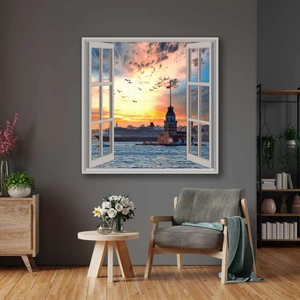 SML Tablo Pencereden Istanbul Kız Kulesi Galata Manzarası Açık Pencere Oda Içinde Kanvas Tablo