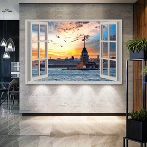 SML Tablo Pencereden Istanbul Kız Kulesi Galata Manzarası Açık Pencere Oda Içinde Kanvas Tablo