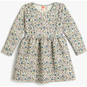 Çiçekli Elbise Uzun Kollu Bisiklet Yaka Fırfır ve Sim Detaylı Şardonlu