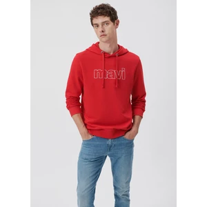 Erkek Mavi Logo Baskılı Kapüşonlu Kırmızı Sweatshirt 065606-82054