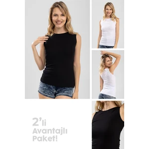 Kadın Pamuklu Bisiklet Yaka Kolsuz Penye Body Tişört 2'li Paket (Siyah&beyaz) Renkli