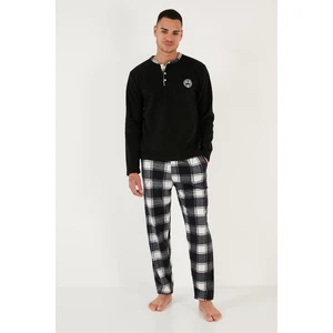 Ekoseli Regular Fit Düğmeli Bisiklet Yaka Kışlık Polar Pijama Takımı Erkek Pijama Takımı 60961001