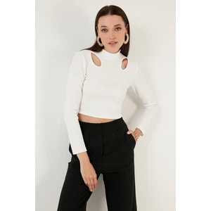 Esnek Slim Fit Cut Out Pencereli Dik Yaka Crop Bluz Bayan Bluz 5865348
