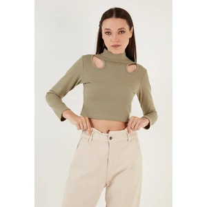 Esnek Slim Fit Cut Out Pencereli Dik Yaka Crop Bluz Bayan Bluz 5865348