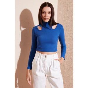 Esnek Slim Fit Cut Out Pencereli Dik Yaka Crop Bluz Bayan Bluz 5865348