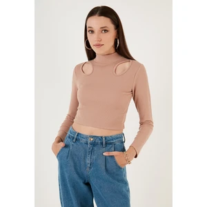 Esnek Slim Fit Cut Out Pencereli Dik Yaka Crop Bluz Bayan Bluz 5865348