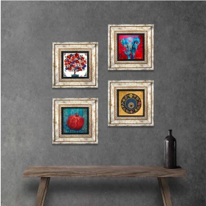 Pinecone Stone Fil, Nazar, Nar Ağacı, Nar Çerçeveli Taş Duvar Tablosu 4’lü Set - Dekoratif Modern Sanat, Ev ve Ofis Dekoru |TK4-879|