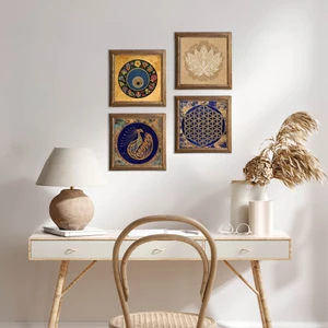 Tavus Kuşu, Lotus Çiçeği, Yaşam Çiçeği, Nazar Taş Duvar Tablosu Ahşap Çerçeveli Duvar Dekoru 4 Parça Tablo Seti Wall Art W4-808