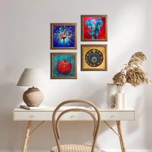 Pinecone Stone Fil, Nazar, Hayat Ağacı, Nar Ahşap Çerçeveli Taş Duvar Tablosu 4’lü Set – 25x25 cm Dekoratif Modern Sanat – Ev ve Ofis Dekoru |W4-859|