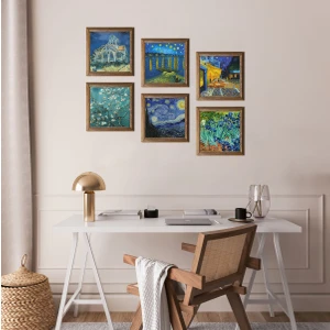 Pinecone Stone Van Gogh Ahşap Çerçeveli Taş Duvar Tablosu 6’lı Set – 25x25 cm Dekoratif Modern Sanat – Ev ve Ofis Dekoru |W6-48|