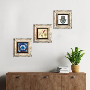 Nazar, Lale Ebru Sanatı, Fatma Ana Eli (Hamsa) Taş Duvar Tablosu Çerçeveli Duvar Dekoru 3 Parça Tablo Seti Wall Art T3-1976