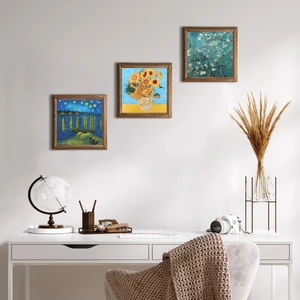 Pinecone Stone Van Gogh Ahşap Çerçeveli Taş Duvar Tablosu 3’lü Set – 25x25 cm Dekoratif Modern Sanat – Ev ve Ofis Dekoru |W3-506|