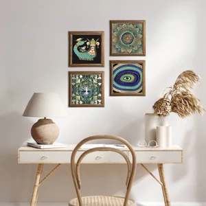 Pinecone Stone Hayat Ağacı, Mandala, Nazar, Şahmeran Ahşap Çerçeveli Taş Duvar Tablosu 4’lü Set – 25x25 cm Dekoratif Modern Sanat – Ev ve Ofis Dekoru |W4-1030|