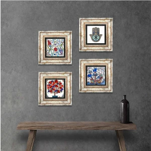 Stone Çini Sanatı Yelkenli Gemi, Lale, Nar Ağacı, Fatma Ana Eli (Hamsa) Çerçeveli Taş Duvar Tablosu 4’lü Set - Dekoratif Modern Sanat, Ev ve Ofis Dekoru |TK4-960|