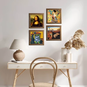 Pinecone Stone Salvador Dalí, Picasso, Gustav Klimt, Leonardo da Vinci Ahşap Çerçeveli Taş Duvar Tablosu 4’lü Set – 25x25 cm Dekoratif Modern Sanat – Ev ve Ofis Dekoru |W4-954|