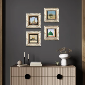 Pinecone Stone Kabe-i Muazzama, Mescid-i Aksa, Ravza-i Mutahhara Çerçeveli Taş Duvar Tablosu 4’lü Set - Dekoratif Modern Sanat, Ev ve Ofis Dekoru |TK4-1339|