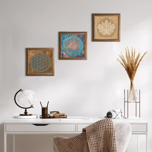 Pinecone Stone Yaşam Çiçeği, Lotus Çiçeği Ahşap Çerçeveli Taş Duvar Tablosu 3’lü Set – 25x25 cm Dekoratif Modern Sanat – Ev ve Ofis Dekoru |W3-526|