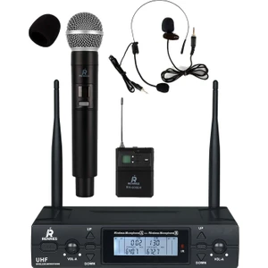 RM-900EH Uhf 2X100 Kanal Çiftli Kablosuz El Yaka Headset Mikrofonu Çift Anten LCD Ekran