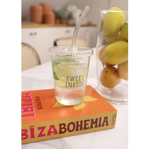 The Mia Borosilikat Kapaklı ve Pipetli Cam Bardak 300 ml