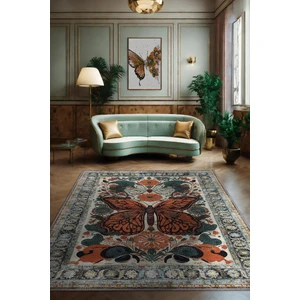 Nuh'un Gemisi Koleksiyonu Kelebek, Çiçek Desenli Art Deco Tarzı Vintage Halı,Çok Renkli Maksimalist Halı