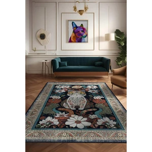 Nuh'un Gemisi Koleksiyonu Kedi, Çiçek Desenli Art Deco Tarzı Vintage Halı,Çok Renkli Maksimalist Halı