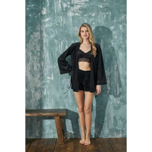 Kadın Crop Fransız Kadife Geniş Kol Sabahlıklı Dantel Detaylı Bralet Şortlu Pijama Takımı 3lü Set