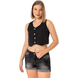 Düğmeli V Yaka Astarlı Kısa Siyah Kadın Yelek