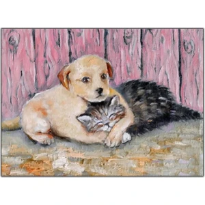 Tablo Dekor Kedi Ile Köpeğin Dostluğu Kanvas Tablo