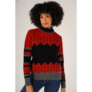 Trist Star Kadın Koyu Gri-Siyah Jakarlı Saç Yürütme Desenli Balıkçı Yaka Yün Kazak TRIST-6152