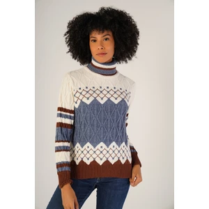 Trist Star Kadın Kiremit-Havacı Jakarlı Saç Yürütme Desenli Balıkçı Yaka Yün Kazak TRIST-6152