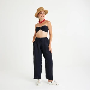 %100 Pamuklu Dokuma Müslin Düğüm Crop Top Arkası Lastikli 2'li Pantolon Takım